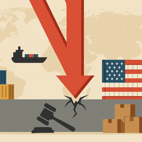 Illustration of global trade disruption featuring a downward red arrow hitting a barrier, surrounded by shipping containers, a gavel, an American flag, and a world map.